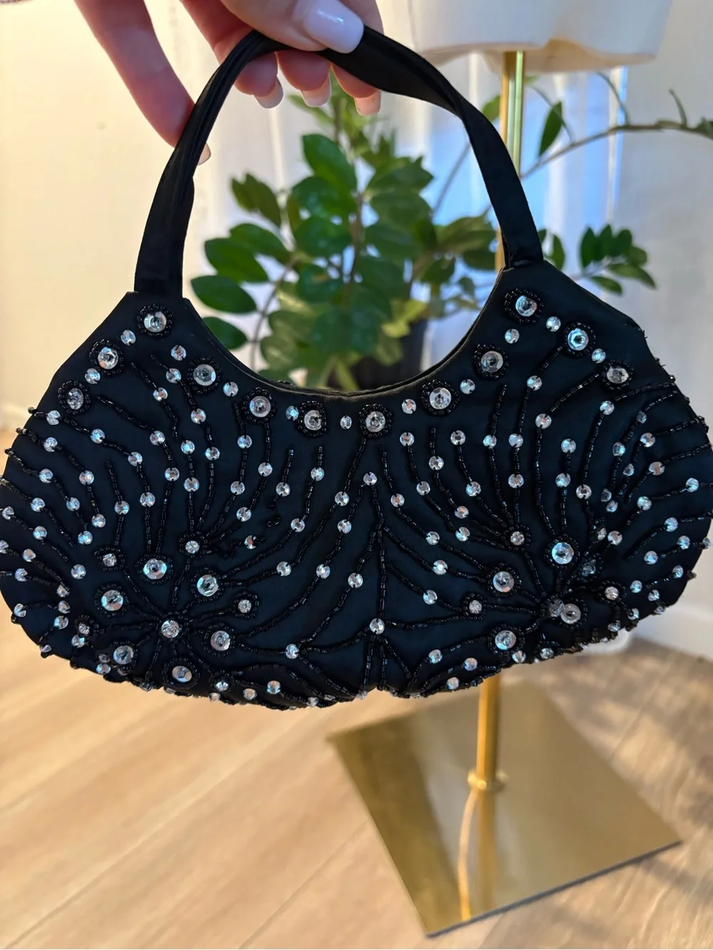 Valerie Stevens Black Beaded Evening Clutch with Crystal Accents